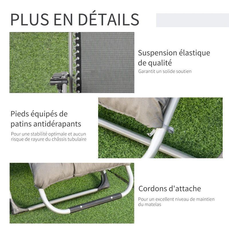 Outsunny Chaise Longue Pliable Bain de Soleil fauteuil relax jardin inclinable Grand Confort avec Matelas, tétière, accoudoirs métal époxy Polyester Gris