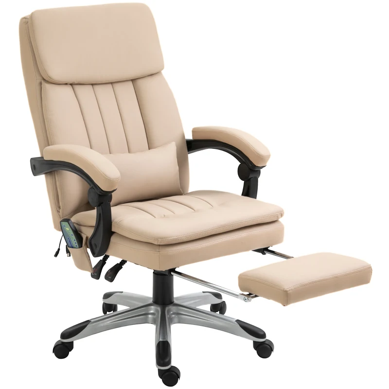 Vinsetto Poltrona Massaggiante da Ufficio, Altezza Regolabile e Reclinabile in Pelle PU, 67x69x106.5-114.5cm Beige