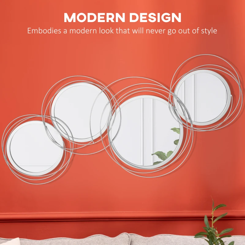 HOMCOM Metal Wall Mirrors, 107cm Modern Decorative Silver Mirror Decor Hanging, Home Wall Sculptures for Living Room Bedroom Dining Room