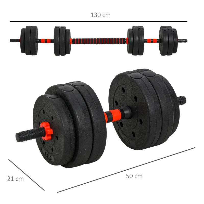 HOMCOM Kit Haltères Musculation 2-en-1, Lot de 2, 25 kg, poids réglable - Barres incluses - entraînement Musculaire & haltérophilie - HDPE Noir Rouge