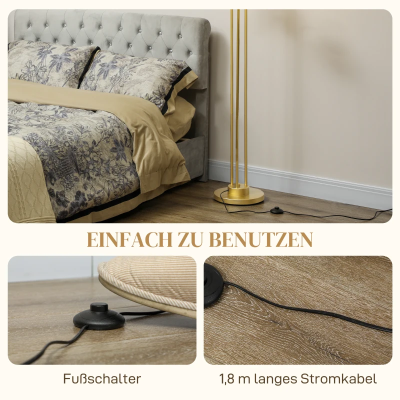 HOMCOM Moderne Stehlampe mit 3 Lampenschirmen, mit Fußschalter, für Wohnzimmer, Schlafzimmer, 3 x E27-Fassung, Goldton