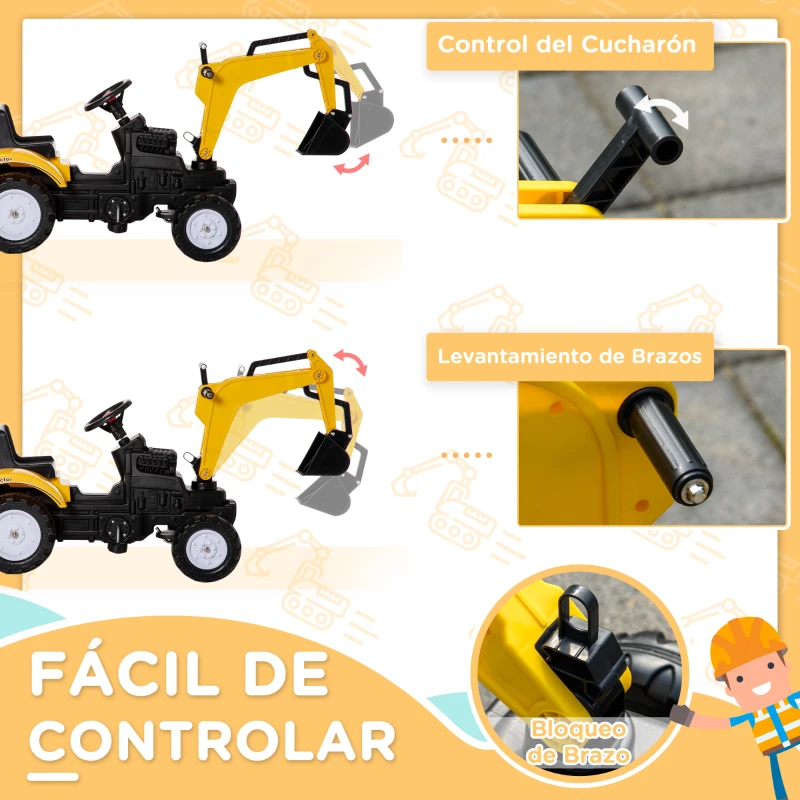 HOMCOM Tractor a Pedales para Niños de 3-6 Años Excavadora con Pala  y Remolque Extraíble 163x42x71 cm Amarillo y Negro