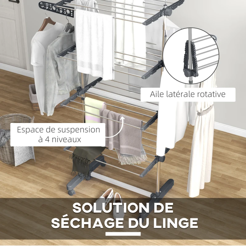 HOMCOM Séchoir à Linge étendoir pliable ailes latérales utilisation intérieure et extérieure 142 x 55 x 172 cm 4 niveaux gris