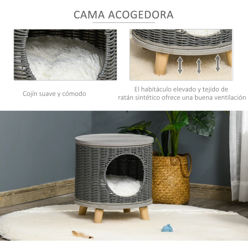 PawHut Cueva para Gatos de Ratán Ø36x40,5 cm Cesta para Gatos Rolliza con Cojín Lavable Plataforma y Patas de Madera de Pino Extraíble Gris