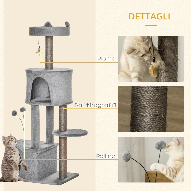 PawHut Albero Tiragraffi per Gatti 4.5kg con Pali in Sisal e Rivestimento in Peluche, Altezza 133cm - Grigio