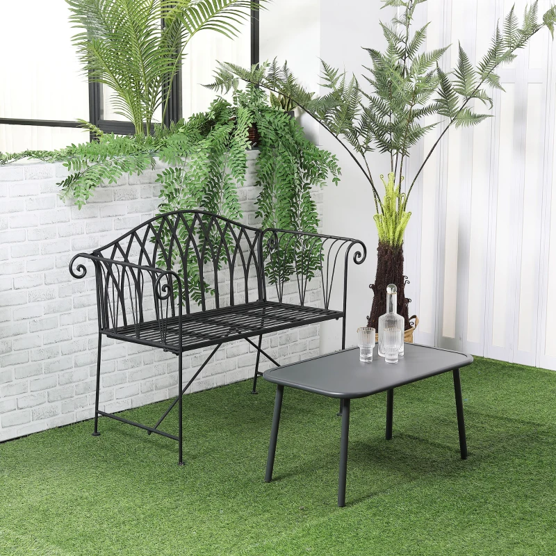 Outsunny Banc de jardin en métal noir façon fer forgé 2 personnes dim. 119l x 55P x 89H cm