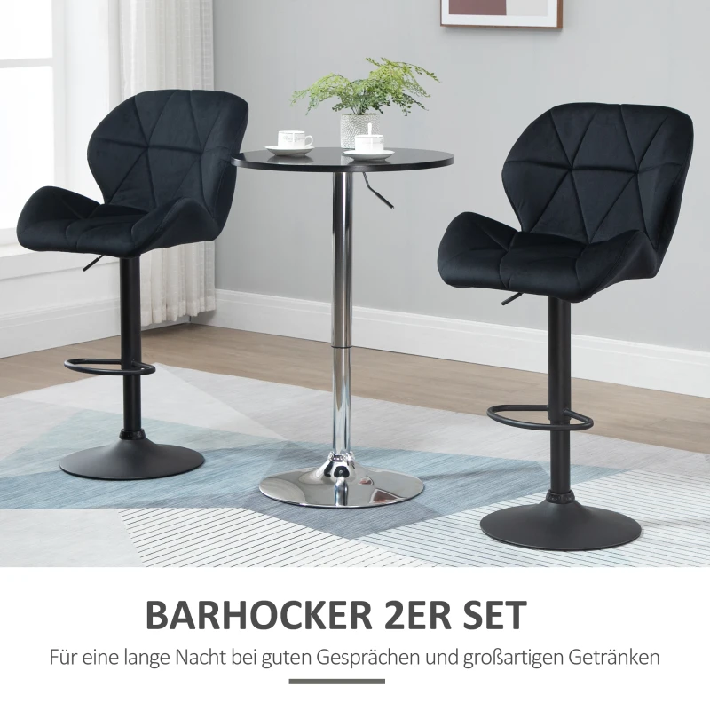 HOMCOM 2er-Set Barhocker drehbare Barstühle mit Lehne höhenverstellbarer Bistrohocker Tresenhocker Samt Touch armloser Schaumstoff Schwarz 51,5x 57,5 x 93-114,5 cm