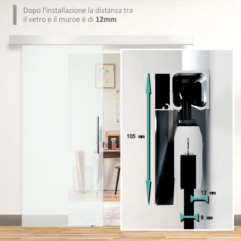 HOMCOM Porta Scorrevole Interna in Vetro Smerigliato con Binario B1 e Maniglia per Bagno Cucina Studio Vetro 205x 102.5x 0,8cm
