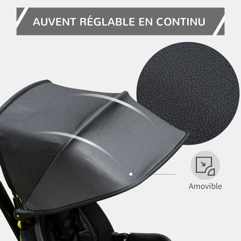 HOMCOM Tricycle Enfant évolutif Pliable 4 en 1 Multifonction - Pare-Soleil, Canne télescopique Amovible - siège pivotant, Harnais, Arceau sécurité - 3 paniers Rangement - métal PP Noir