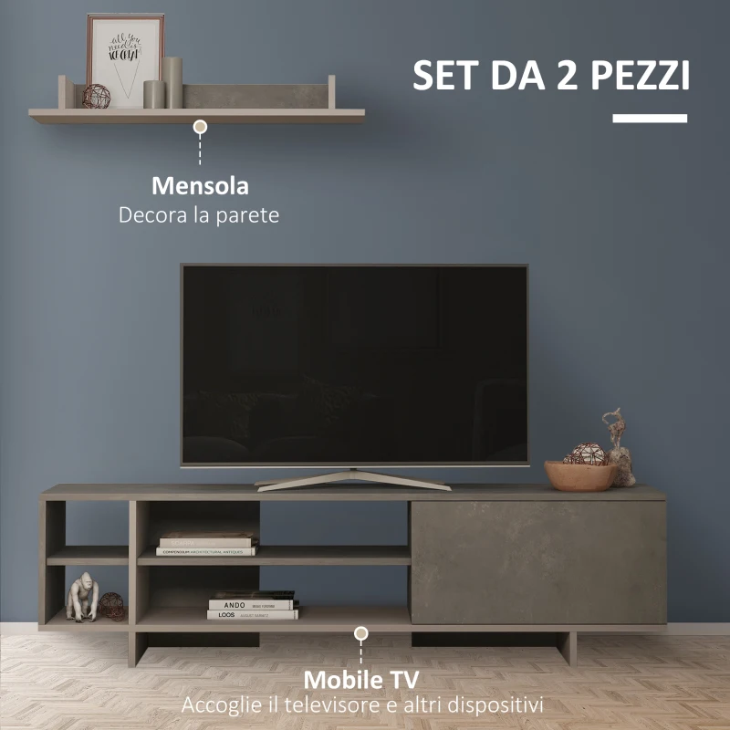 HOMCOM Set Mobile Porta TV con Armadietto e Mensola da Appendere in Legno, 160x35.6x44cm - Grigio