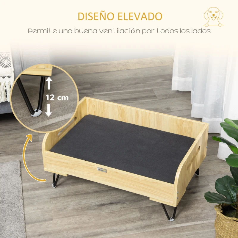 PawHut Cama de Madera para Perros Gatos Cama Cesta para Mascotas Pequeñas con Cojín Acolchado Asas y Patas de Acero 70x45x32 cm Roble y Negro