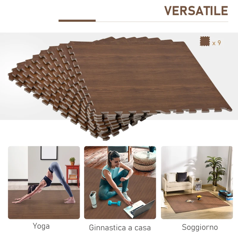 HOMCOM Tappeto Puzzle Morbido in EVA Antiscivolo con Effetto Legno, 9 Pezzi e 18 Bordi, per Fitness e Cameretta, Area coperta 3.24m²