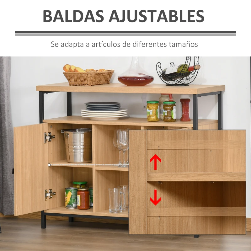 HOMCOM Aparador para Comedor Cocina con Estantes Abiertos 2 Puertas y Baldas Ajustables Estilo Moderno Gran Almacenaje para Sala de Estar 100x35x80 cm Roble
