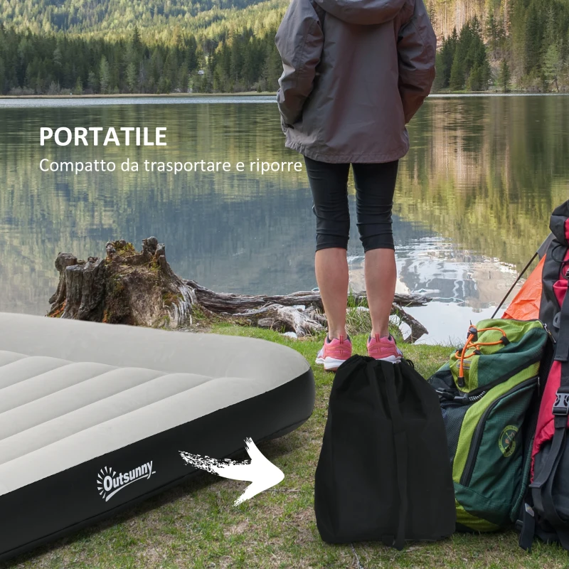 Outsunny Materasso Gonfiabile Matrimoniale con Cuscino Integrato, Pompa e Borsa, 152x203x30cm, Grigio