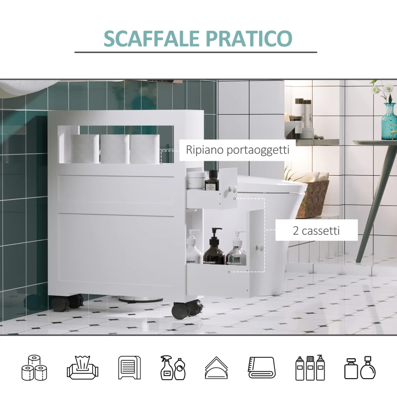 HOMCOM Mobiletto da Bagno 2 Cassetti Salvaspazio con 4 Ruote Legno 16x52x71.5cm Bianco