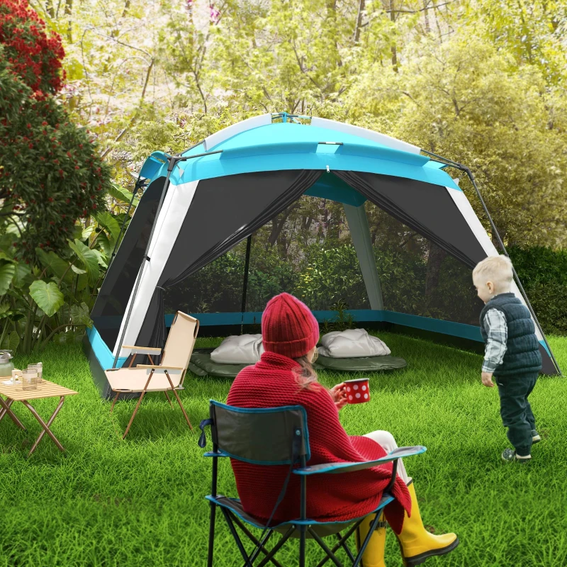 Outsunny Tente de camping familiale - tente dôme 8 personnes tente dôme étanche légère ventilée facile à monter avec sac de transport 4 parois en maille - dim. 360L x 360l x 220H cm bleu clair