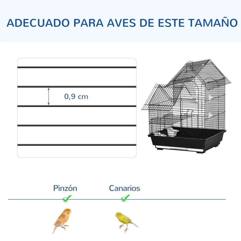 PawHut Jaula para Pájaros Pajarera Metálica con 3 Puertas 2 Comederos 2 Perchas para Canarios 39x33x47cm Negro