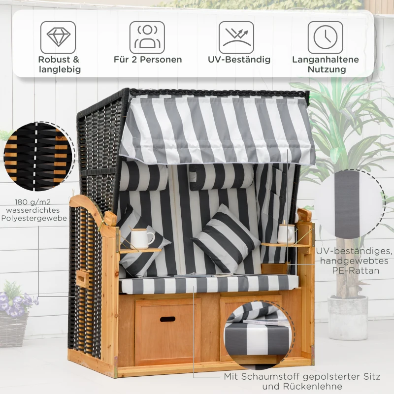 Outsunny Strandkorb mit Fußstützen, Klapptisch und Nackenrollen, Outdoormöbel, Natur + Grau + Weiß