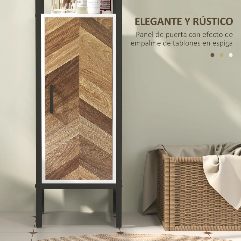 HOMCOM Armario Alto de Baño con 3 Estantes Abiertos 1 Puerta y Estante Ajustable Anti-vuelco 30x30x170 cm Blanco y Nogal