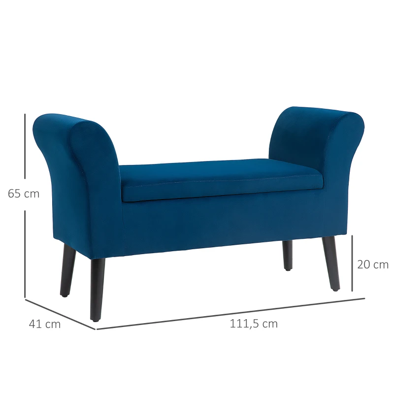 HOMCOM Polsterbank mit Stauraum, Truhenbank mit Armlehnen, 46 cm Sitzhöhe, samtartiges Polyester, 111,5 x 41 x 65 cm, Blau