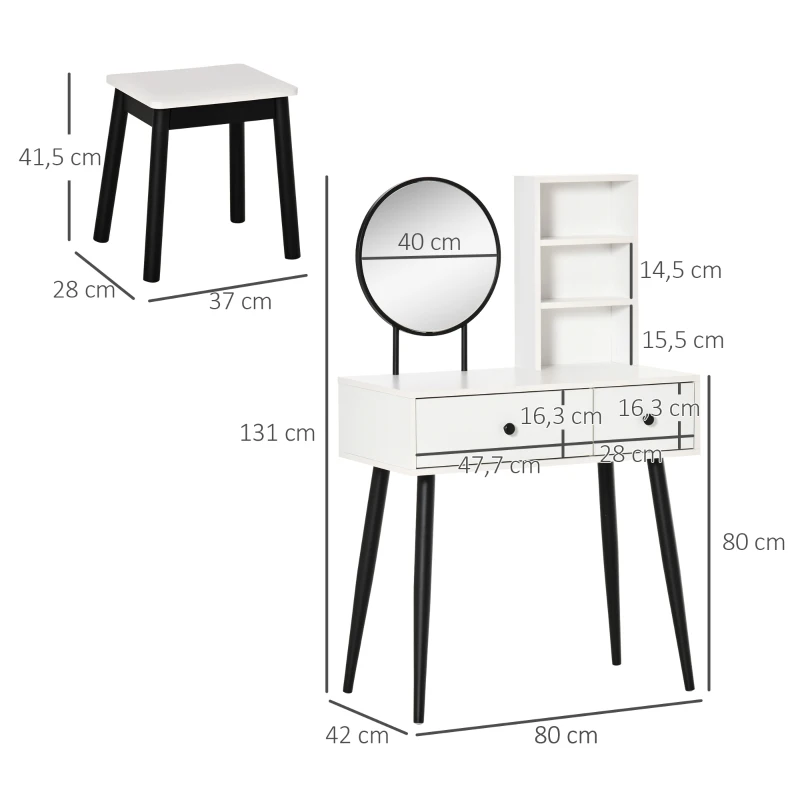 HOMCOM Juego Tocador de Maquillaje con Taburete Espejo Redondo 2 Cajones de Almacenaje y 3 Estantes Mesa de Maquillaje para Dormitorio Vestidor 80x42x131 cm Blanco