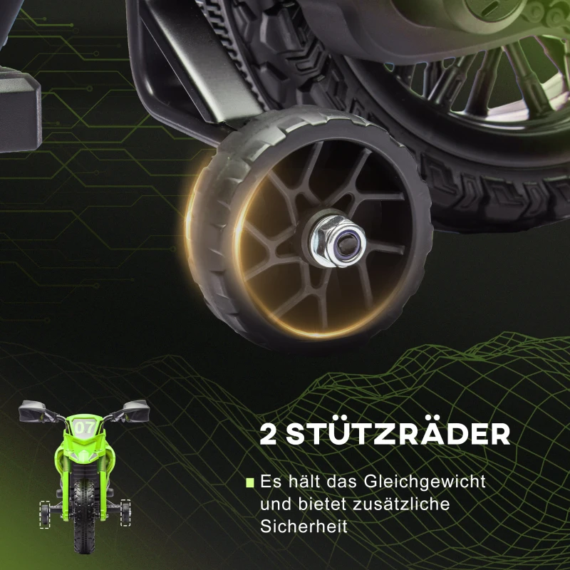 AIYAPLAY Elektro-Motorrad für Kinder, 6V Batterie-Antrieb, Stützräder, Hupe, Startgeräusch, 3-8 Jahre, Grün(m-5)