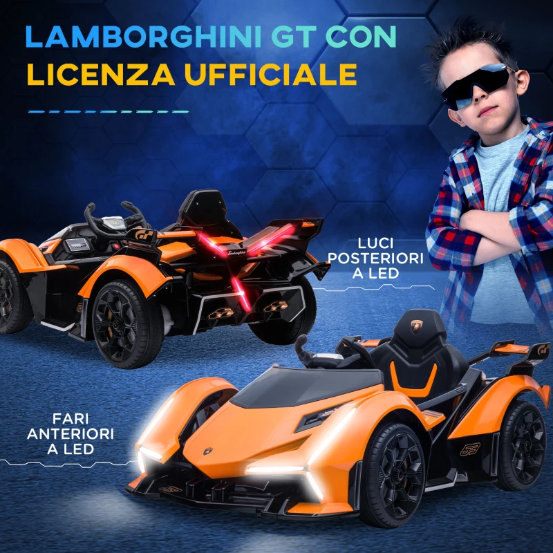 HOMCOM Macchina Elettrica per Bambini Lamborghini con Telecomando, Fari LED e Musica, Età 3+ Anni, Arancione