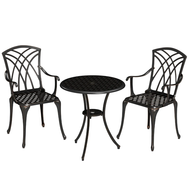 Outsunny 3 Pieces Garden Dining Set for 2, Cast Aluminium Outdoor Dining Set with 2 Armchairs and Round Dining Table with Parasol Hole, Garden Furniture Set, Bronze Tone