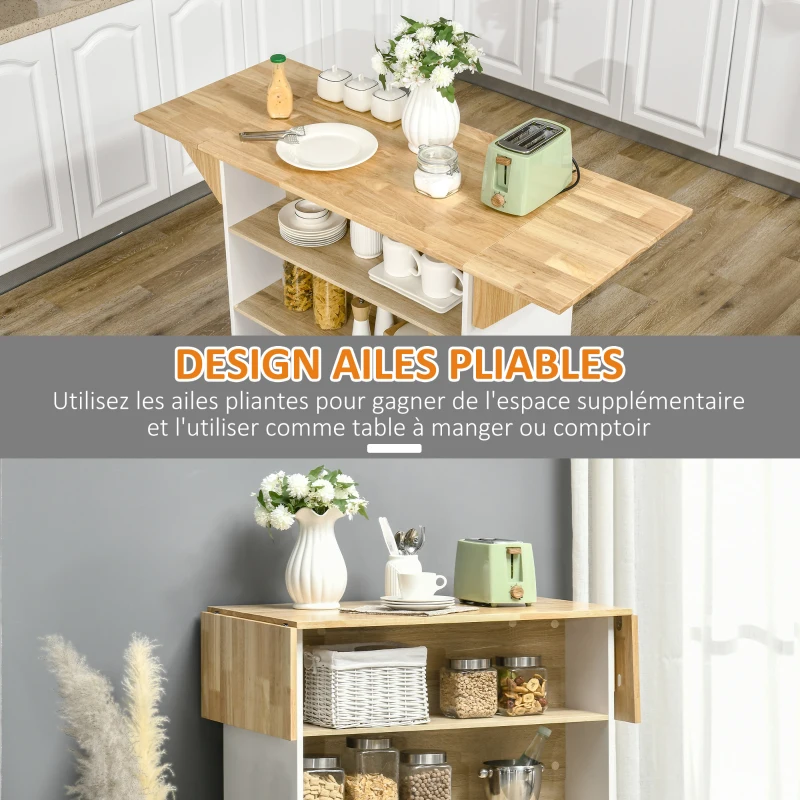 HOMCOM Ilot central cuisine meuble de rangement cuisine de service avec plan de travail rabattable en bois de caoutchouc et 2 étagères - 140 x 55 x 91 cm