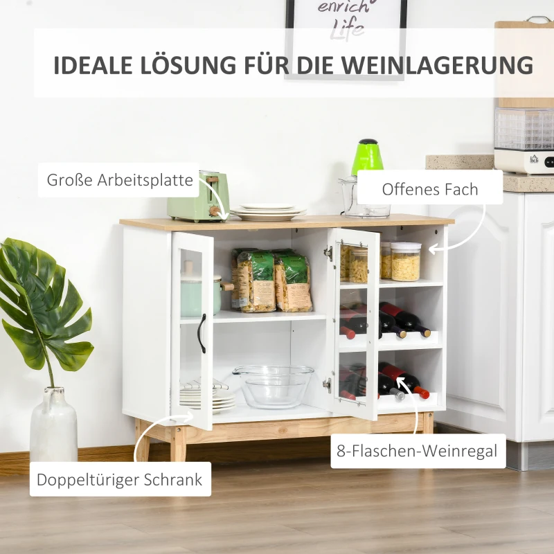 HOMCOM Weinschrank mit Glastür Küchenschrank Sideboard Weinregal für 8 Flaschen Beistellschrank mit offenem Regal Flaschenständer Anti-Kipp-Design MDF Weiß+Natur 103 x 34 x 80