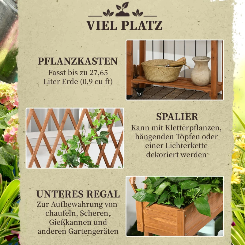 Outsunny Hochbeet, integriertes Spalier, Ablageregal, Räder, Massivholz, braun, 79 x 29 x 130 cm