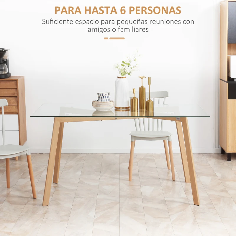 HOMCOM Mesa de Comedor para 6 Personas con Encimera de Cristal y Patas de Acero Efecto Madera 150x75x76 cm Transparente