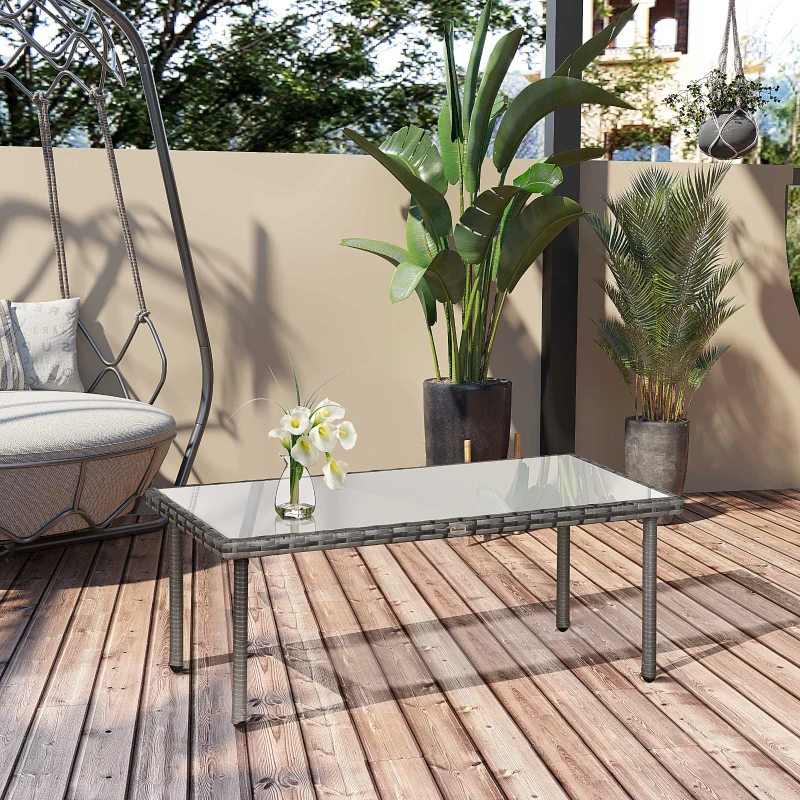 Outsunny Table basse de jardin plateau verre trempé 5 mm résine tressée imitation rotin gris