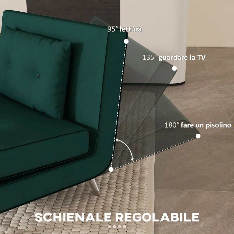 HOMCOM Poltrona Letto Singolo con Schienale Reclinabile in Velluto, 100x88x83cm, Verde Scuro