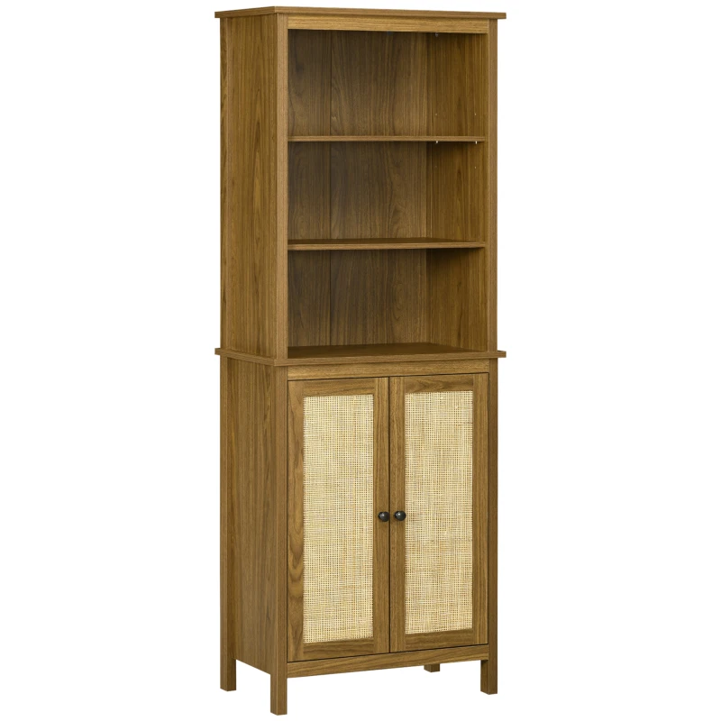 HOMCOM Bücherregal in Wiener-Geflecht-Optik, Standregal, 3 Regale, 1 Schrank, Rattan, 60 cm x 34,5 cm x 162 cm, Braun