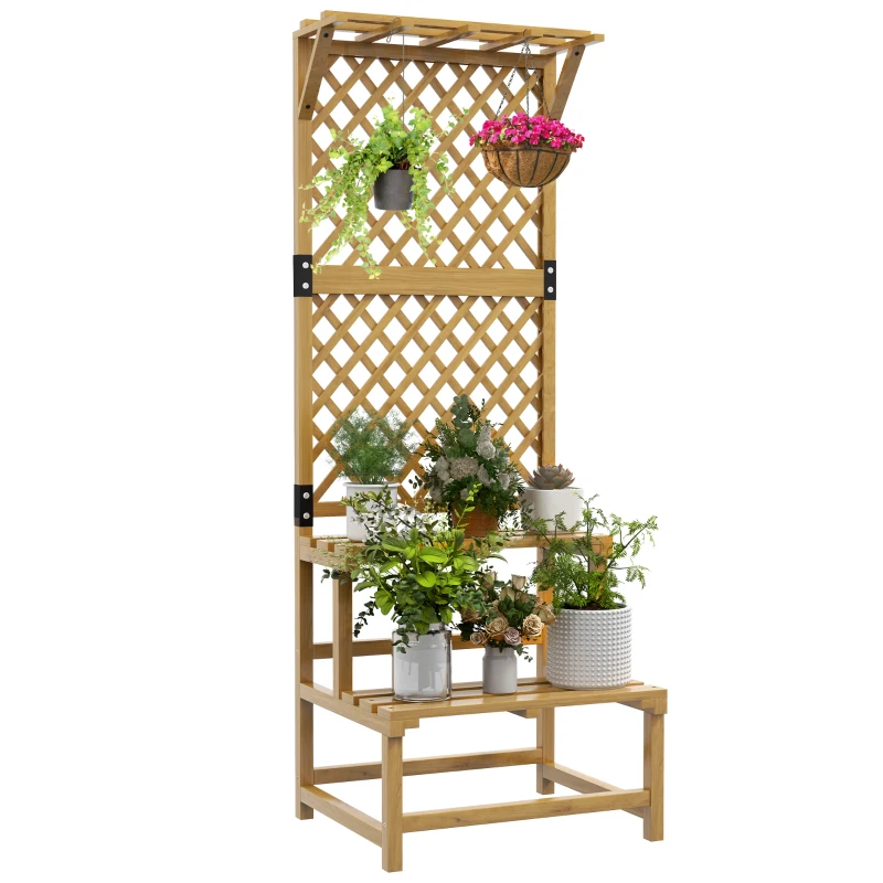 Outsunny Pflanzenständer, Blumenregal, 2 Etagen, mit Spalier & Dach, Tannenholz, 60x50x166cm, Gelb(m-10)
