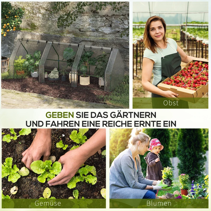 Outsunny Gewächshaus mit 3 Rollfenster, PE-Gitterfolie, Foliengewächshaus aus Stahl, Treibhaus für Balkon, Garten, Tomatenhaus 270x90x90cm, Tomatengewächshaus für Gemüse, Blumen, Pflanzen, Weiß
