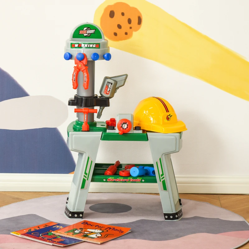 HOMCOM Kinder Werkbank mit Werkzeug Arbeitstisch Werkbanktisch mit 37 Zubehören Rollenspiel Spielzeug für Kinder ab 3 Jahren PP-kunststoff Grün+Grau 44 x 26 x 71 cm