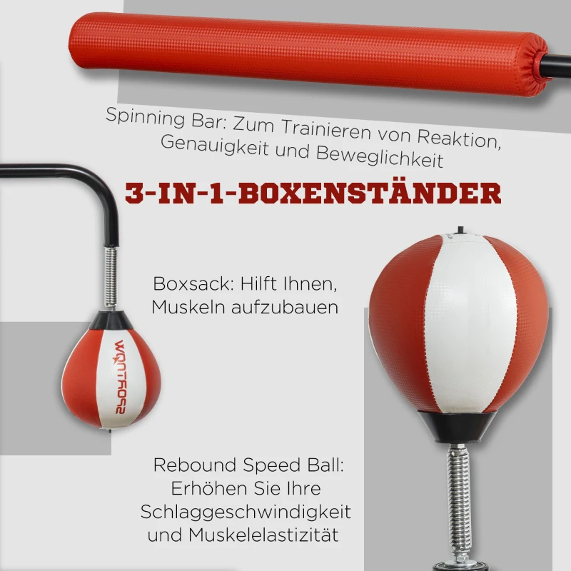 SPORTNOW Boxstand, zwei Speedballs, drehbare Boxstange, Kickpolster, höhenverstellbar, Stahl, 107 x 36 x 140-205cm