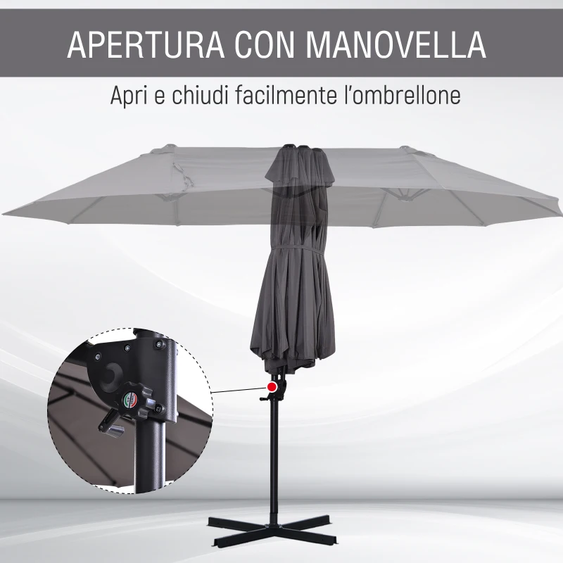 Outsunny Ombrellone Doppio da Giardino in Metallo e Poliestere Anti-UV Impermeabile, 445x270x260cm, Grigio
