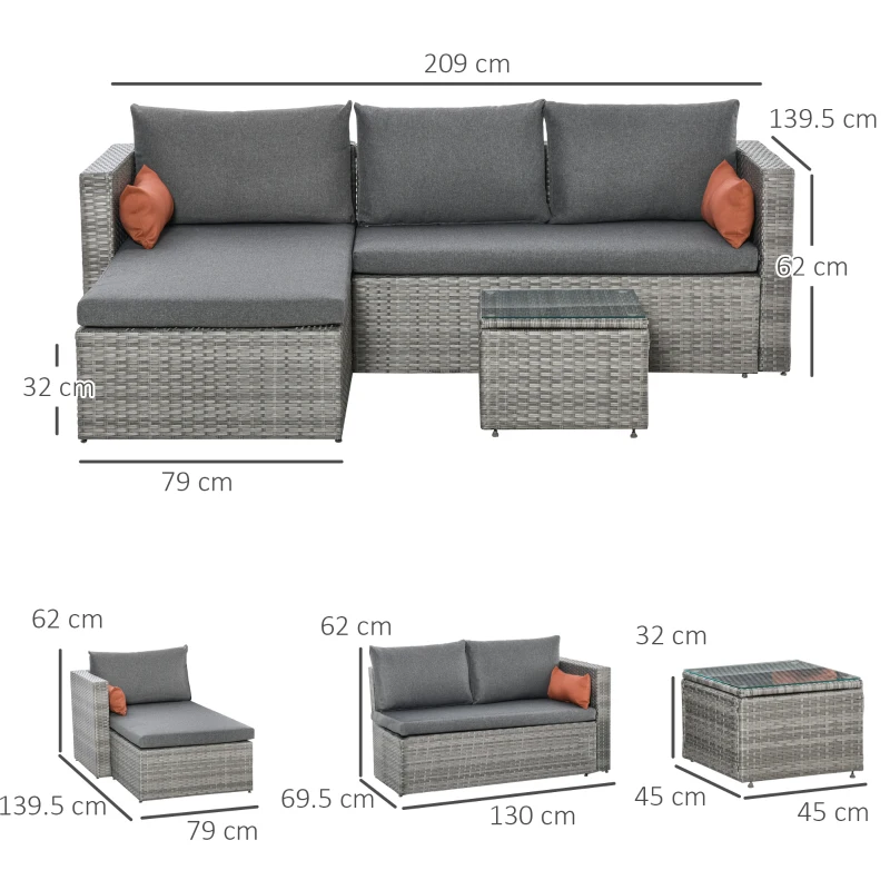 Outsunny Mobili da Giardino Set 3 Pezzi in Rattan PE con 2 Divani e Tavolino da Caffè, Grigio