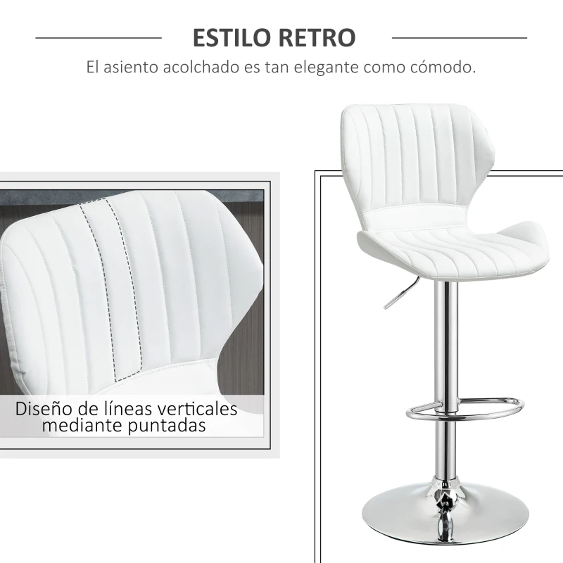 HOMCOM Juego de 2 Taburetes Altos de Cocina y Giratorio Taburetes Altos de Cuero Sintético con Respaldo y Estructura de Metal 47x51,5x92-114 cm Blanco