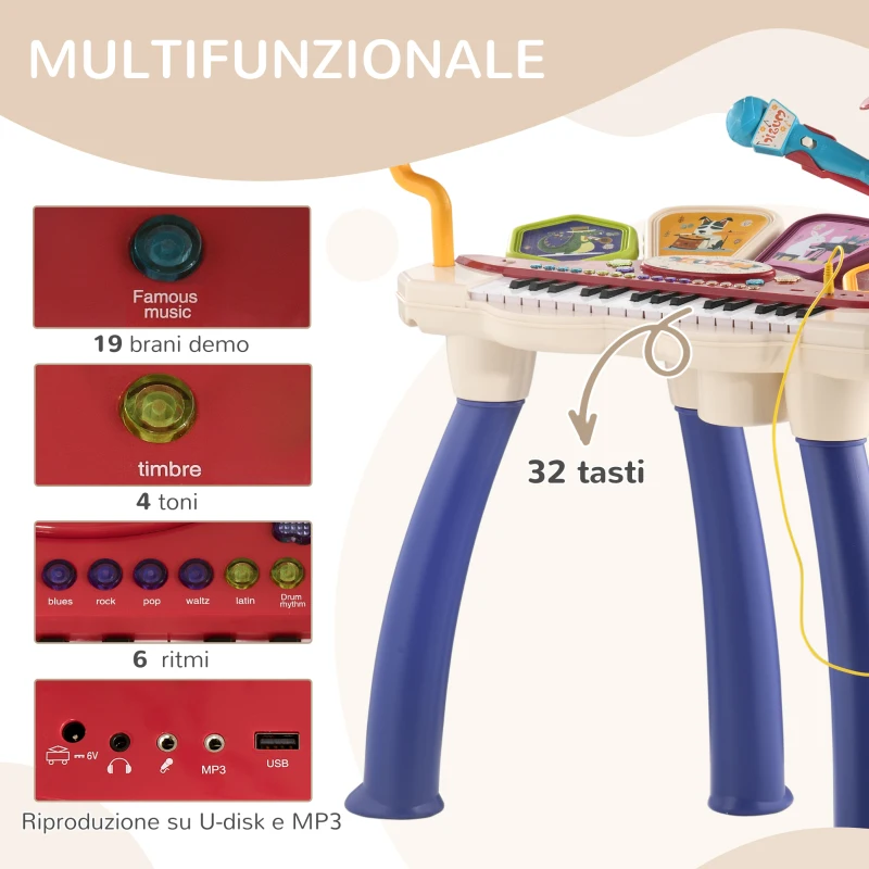 AIYAPLAY Pianola per Bambini 3-6 Anni con Sgabello, Microfono, Tamburo e Bacchette, in PP e ABS, 74x32.2x71 cm