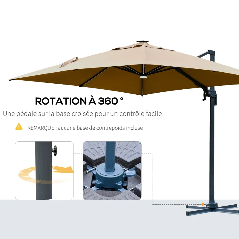 Outsunny Parasol déporté carré parasol LED inclinable pivotant 360° manivelle piètement acier dim. 3L x 3l x 2,74H m beige