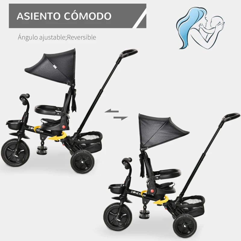 HOMCOM Triciclo Bebé 4 en 1 Bicicleta para Niños 1-5 Años con Asiento Giratorio Capota Ajustable Mango de Empuje Telescópico y Reposapiés Plegable Carga 25 kg 111,5x52x98 cm Negro