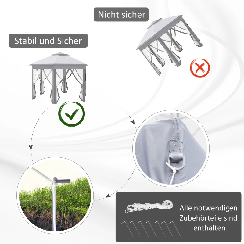 Outsunny Faltpavillon 4 x 4m, Sechseck-Design, Netzvorhänge, wasserabweisend, Lüftungsdach, Grau+Weiß