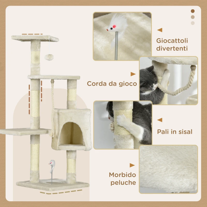 PawHut Albero Tiragraffi per Gatti con Cassetta, Pallina, Corda per Gioco e Relax, 40x40x116 cm, Beige