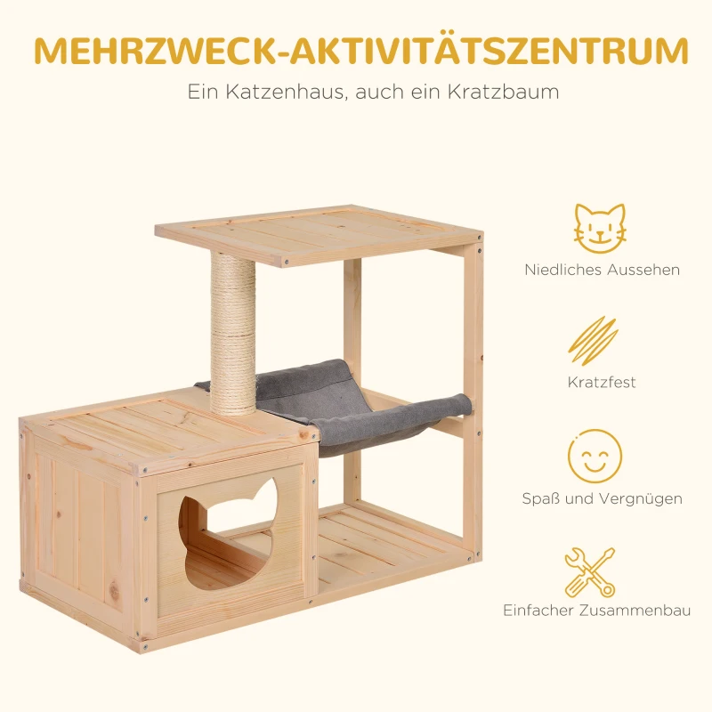 PawHut Katzenhaus mit Hängematte, Katzenkiste mit Sisalstamm, Katzenhöhle, Katzenbaum, Katzenaktivitätszentrum, Tannenholz, Natur, 70 x 35 x 60 cm