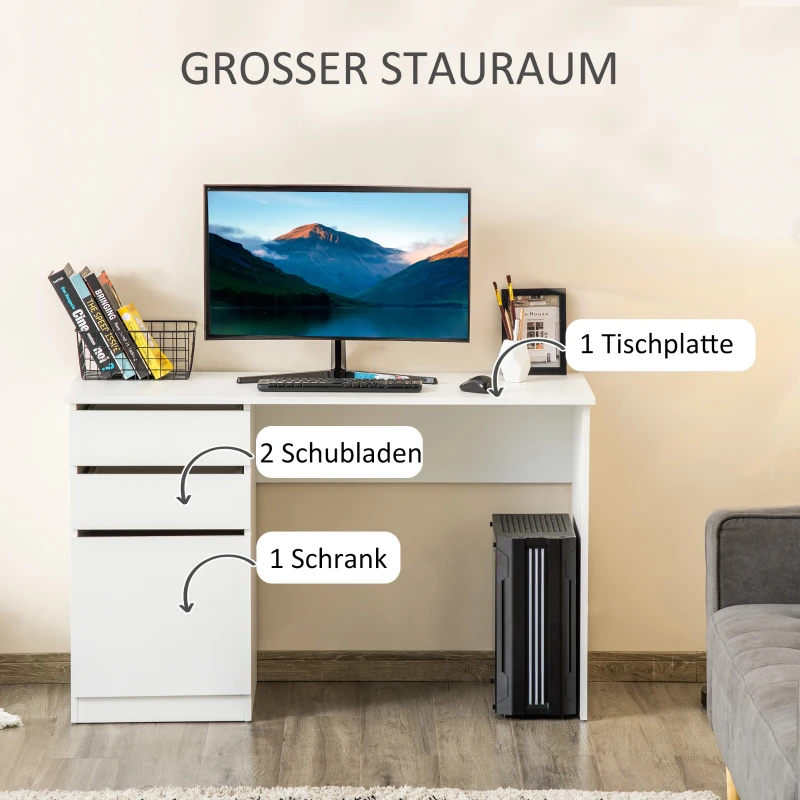 HOMCOM Schreibtisch Computertisch mit 2 Schubladen Schrank Arbeitstisch Bürotisch große Tischplatte modern Weiß 120 x 50 x 75 cm