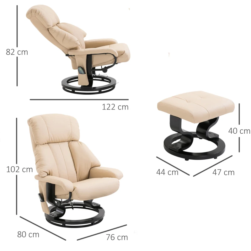HOMCOM Electric Massage Recliner Chair with Ottoman, Faux Leather Swivel Recliner with Remote Control for Living Room, Beige